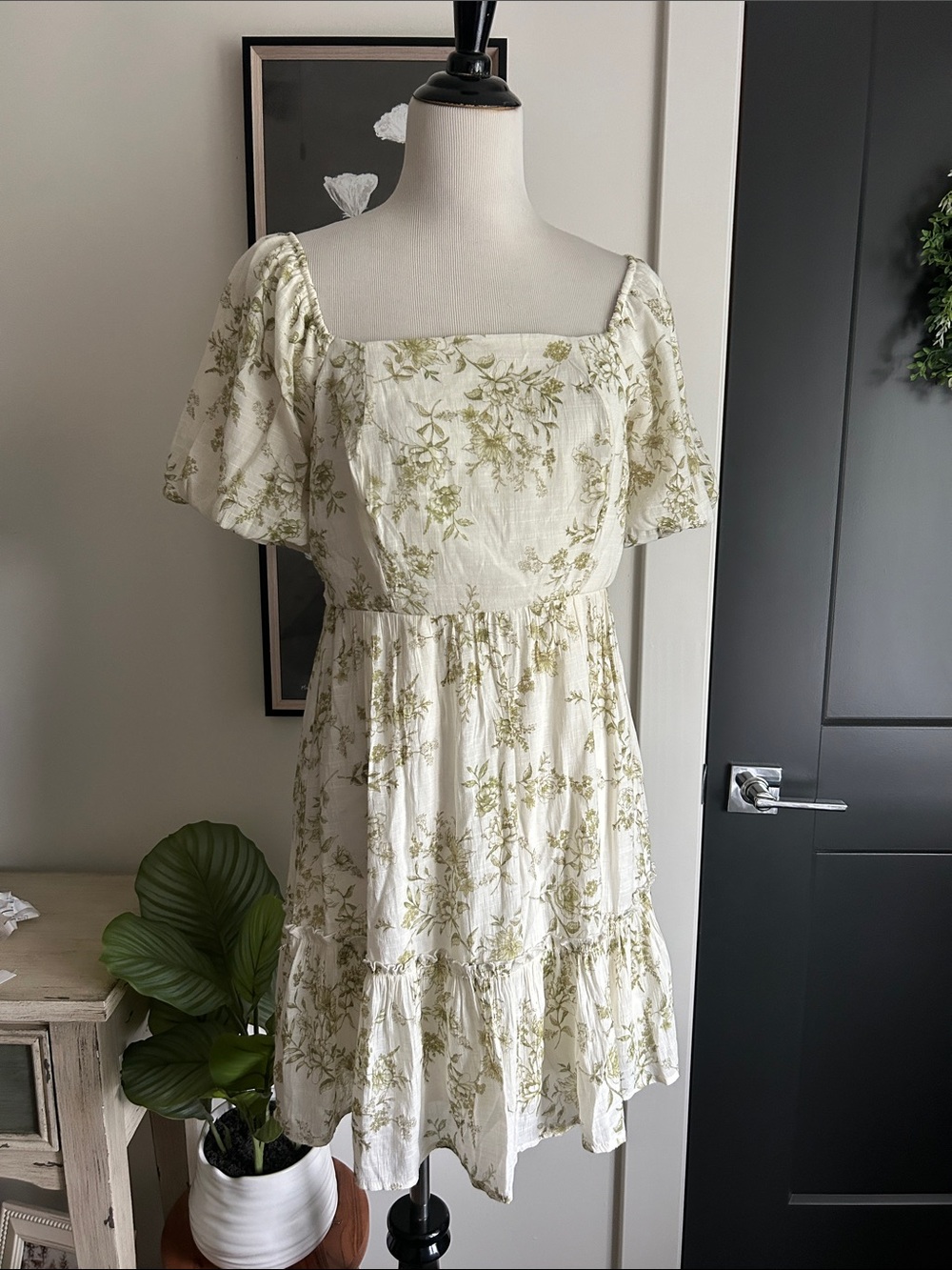 🍃 M blue pepper ivory green poof sleeve cottagecore knee length dress